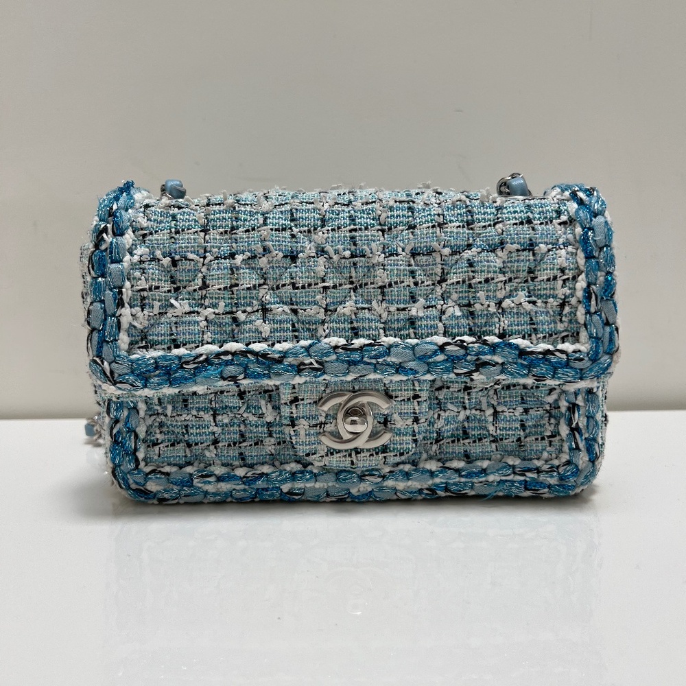 CHANEL Blue and White Tweed Shoulder Bag